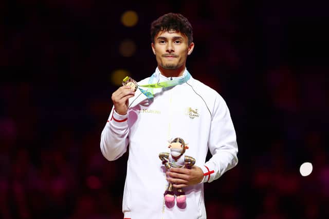 Jake Jarman of team England took part in the medal ceremony for Men’s Floor Exercise Final on day four of the Birmingham 2022 Commonwealth Games at Arena Birmingham on August 01, 2022 (image: Getty Images)