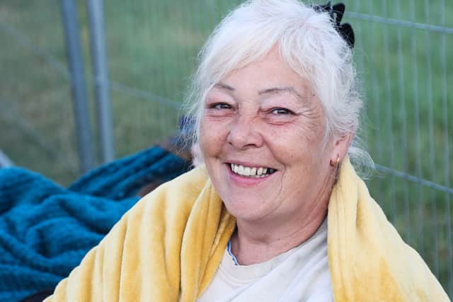 Lisa Stone, 56, is first in the queue for gate A at Glastonbury Festival.