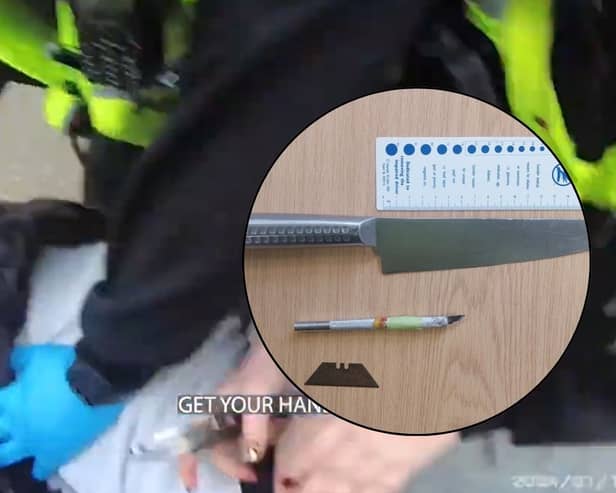 Watch the moment police officers armed with tasers tackle a man with a knife and two blades.