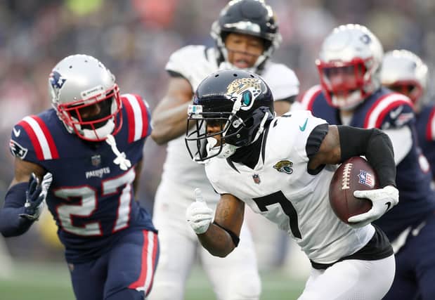 Tavon Austin #7 of the Jacksonville Jaguars runs with the ball in the third quarter of the game against the New England Patriots at Gillette Stadium on January 02, 2022 in Foxborough, Massachusetts.