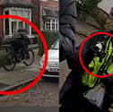 Man with a knife is chased down by police officer on a bike.