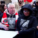 Harvey Willgoose's parents Mark Willgoose (left), and Caroline outside Sheffield Town Hall as they prepared to march to Bramall Lane in memory of their son last weekend