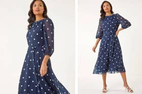 Polka dots are trending for spring and this elegant chiffon midi dress is occasion ready 