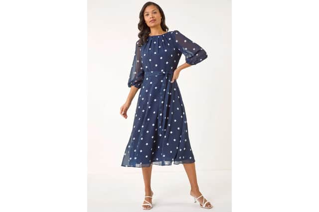 Roman navy spot print chiffon pleated midi dress