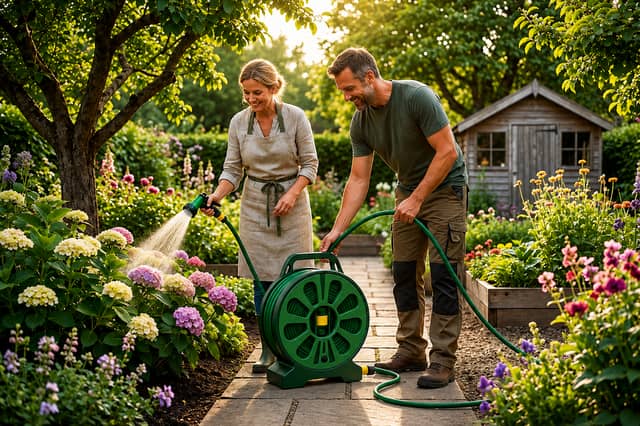 The anti-kink garden hose includes a seven-setting spray nozzle and compact storage reel for easier watering.