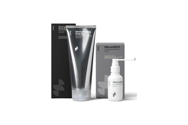 The Sons bundle combines a 5% minoxidil solution with a caffeine shampoo as part of a daily hair growth routine