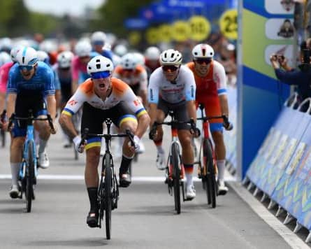 Riders surge from the starting line as the race gets underway along the Yellow River course