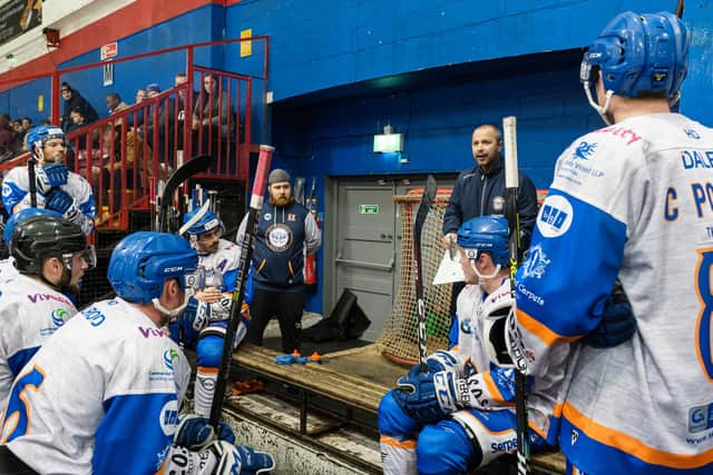 Phantoms' head coach Slava Koulikov issues final instructions in the closing minutes of the Swindon game. Photo: Tom Scott.