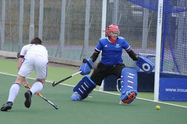 City of Peterborough goalkeeper Cameron Goodey gets ready for action against Durham University. Photo: David Lowndes.