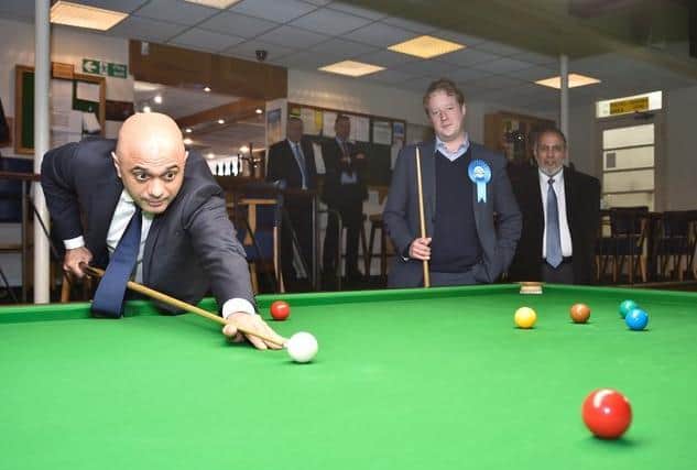 Chancellor Sajid Javid with Conservative candidate for Peterborough Paul Bristow and Mayor of Peterborough Cllr Gul Nawaz at the Conservative Club in Broadway