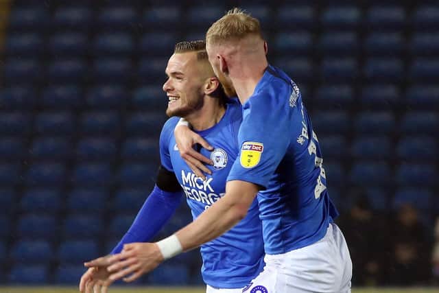 Joe Ward celebrates his goal for Posh against Burton with Frazer Blake-Tracy. Photo: Joe Dent/theposh.com.