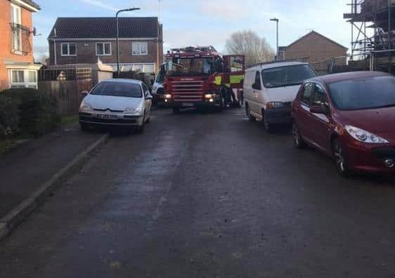 A fire engine unable to pass cars in Colwyn Avenue. Photo: Cambridgeshire Fire and Rescue Service
