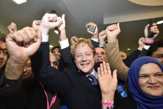 Newly elected Peterborough MP Paul Bristow celebrates with supporters. Picture: David Lowndes
