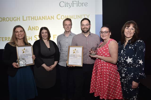 Peterborough Telegraph Pride in Peterborough Awards 2019.  Volunteer Group of the Year joint winners from the Peterborough STEM Festival team with sponsor Rebecca Stephens EMN-191012-003100009