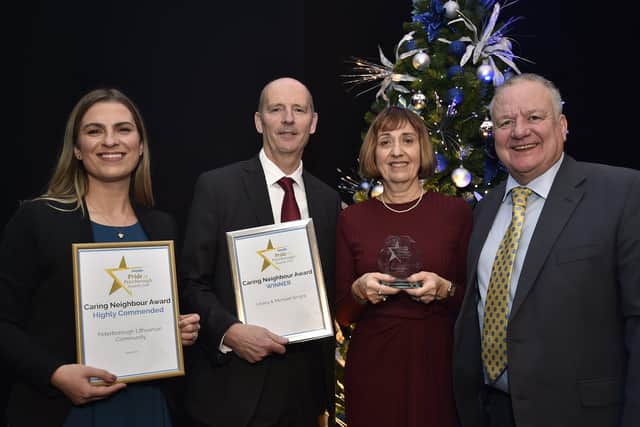 Peterborough Telegraph Pride in Peterborough Awards 2019.    Caring Neighbour Award winners  Lesley and Michael Wright with runner-up  representative from the Peterborough Lithuanian Community and  Paul Richardson EMN-191012-003046009