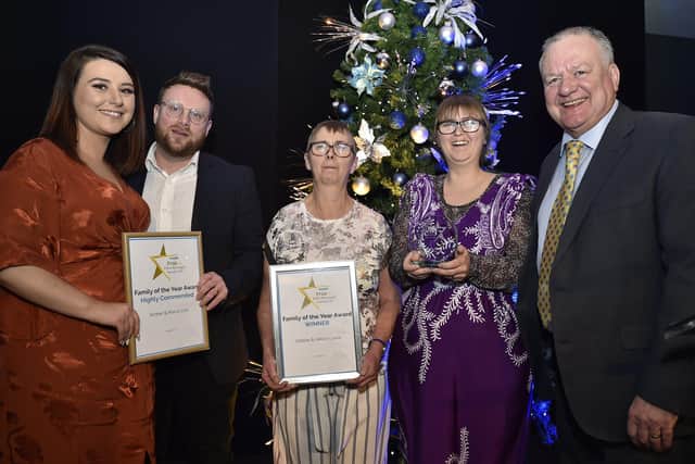 Peterborough Telegraph Pride in Peterborough Awards 2019. The Family of the Year award winners Debbie and Helen Clarke with with runners-up  Amber and Marco Izzo and  Paul Richardson EMN-191012-002311009