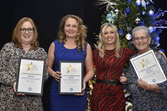 Peterborough Telegraph Pride in Peterborough Awards 2019.  Lifetime Achievement Award winner Annette Beeton with  runners-up  Denise Lewis and  Louise Nicholls with sponsor  Emily Taylor EMN-191012-002539009