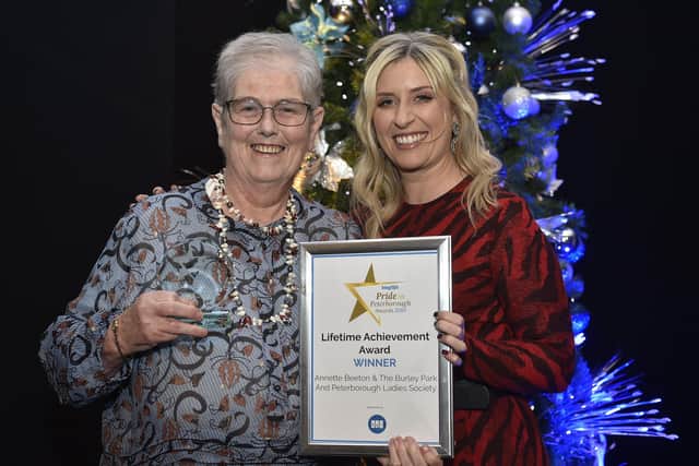 Peterborough Telegraph Pride in Peterborough Awards 2019.  Lifetime Achievement Award winner Annette Beeton with sponsor  Emily Taylor EMN-191012-002522009