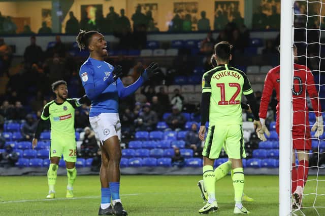 Ivan Toney of Peterborough United rues a missed chance to score  against Bolton. Photo: Joe Dent/theposh.com