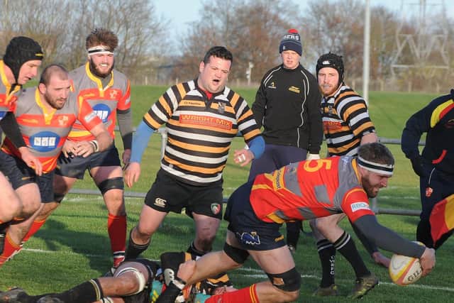 A try for Peterborough RUFC against Oadby Wyggestonians. Photo: David Lowndes.