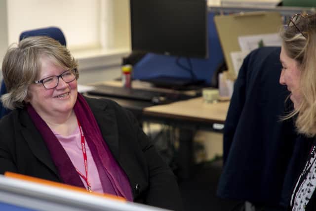 Thérèse Coffey with Racheal Jarvis, team leader of RNIB’s Newsagent service