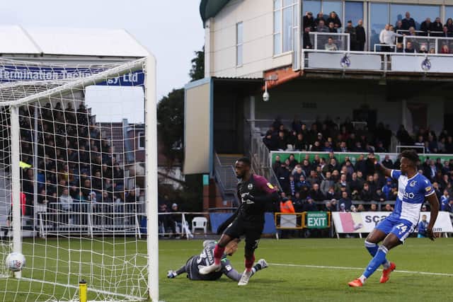 Posh striker Mo Eisa's celebrations at Bristol Rovers were cut short by an offside flag. Photo: Joe Dent/theposh.com.