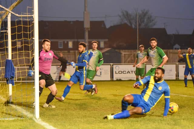 Avelino Vieira couldn't convert this late chance for Peterborough Sports against Biggleswade. Photo: James Richardson.
