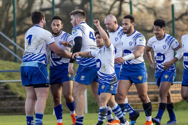 Peterborough Lions celebrate an early try at Doncaster Phoenix. Photo: Mick Sutterby.