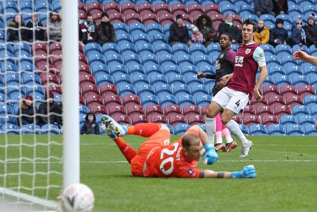 Reece Brown shoots at goal for Posh against Burnley. Photo: Joe Dent/theposh.com.