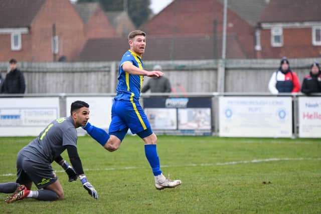 Mark Jones scores for Peterborough Sports v Tamworth. Photo: James Richardson.
