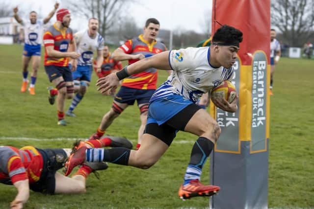 Roy Lolesio claims the match-clinching try for Peterborough Lions against Borough. Photo: Mick Sutterby.