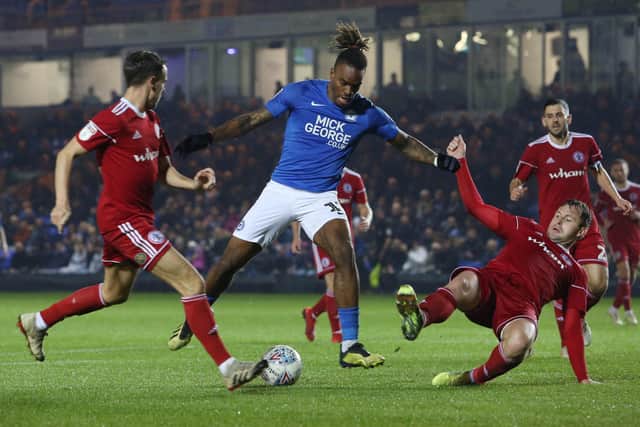 Ivan Toney of Peterborough United in action against Accrington Stanley this season.