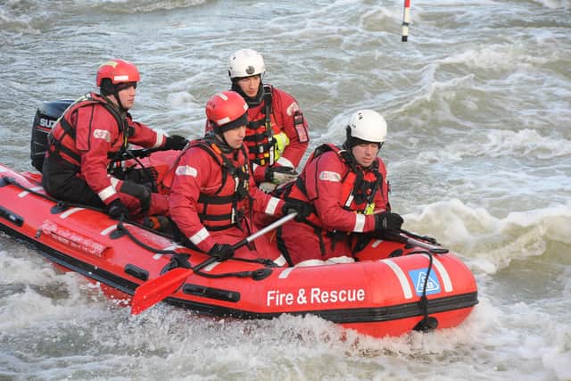 Dogsthorpe firefighters training in their new inflatable rescue craft at Orton Mere. EMN-200128-161333009