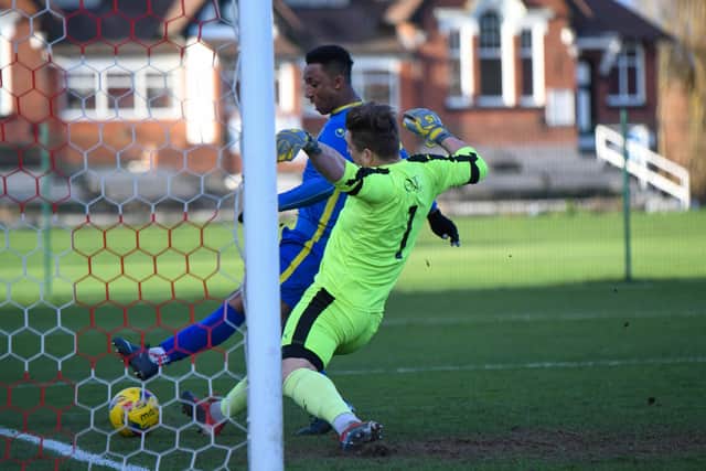 Dion Sembie-Ferris scores his second goal for Peterborough Sports against Stourbridge. Photo: James Richardson.