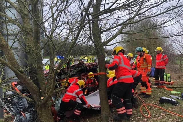 Firefighters at the crash on the A1. Photo: Cambridgeshire Fire and Rescue Service