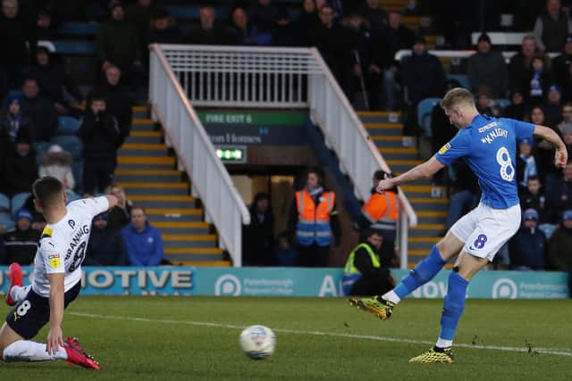 Josh Knight of Peterborough United scores his side's fourth goal against Oxford. Photo: Joe Dent/theposh.com.