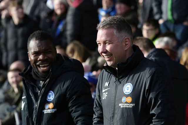 Posh boss Darren Ferguson (right) with first-team coach Aaron Mclean before the game against Oxford. Photo: Joe Dent/theposh.com.