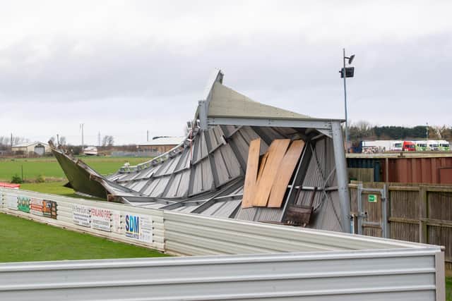 Damage to one of the stands at Wisbech Town Football Club in Cambridgeshire. Photo: Joe Giddens/PA Wire