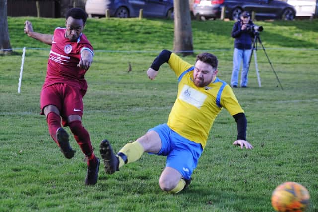Action from Crowland Res (yellow) v Thorpe Wood Rangers at Snowdens Field. Photo: David Lowndes.