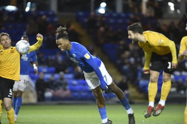Posh striker Ivan Toney throws himself at the ball in the game against Southend. Photo: David Lowndes.