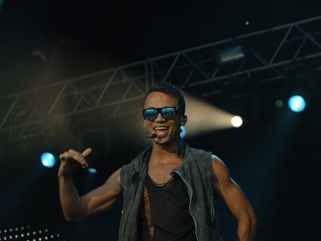 JLS with Aston Merrygold are pictured preforming on the embankment in Peterborough