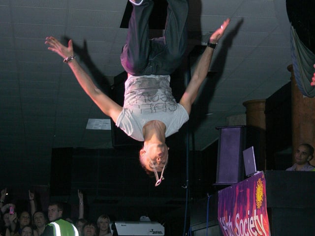 JLS perform at Club Metro in Peterborough at the over 18s show on friday 10th April 2009. Aston Merrygold backflip