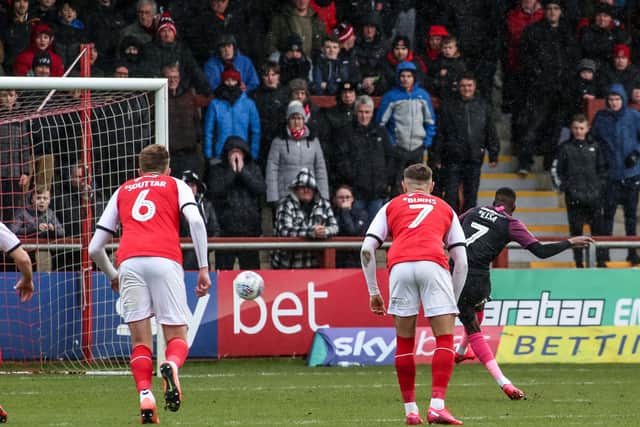 Posh striker Mo Eisa's penalty is on its way at Fleetwood. Photo: Joe Dent/theposh.com.