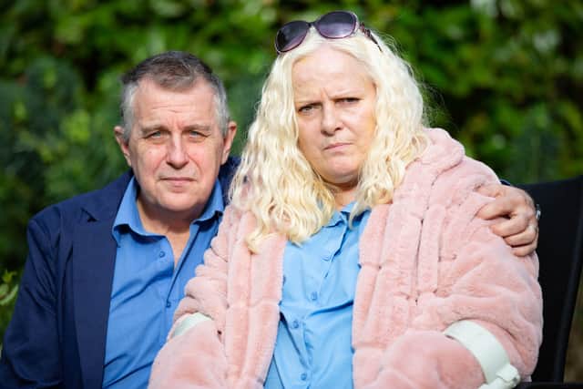 Ruth Rogers Nee Neave reads a prepared statement after James Watson is arrested and charged for the 1994 murder of her son Rikki Neave. Pictured Ruth with husband Gary Rogers. , Huntingdon Monday 17 February 2020.  Picture by Terry Harris. THA