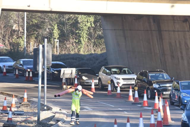Roadworks at Rhubarb Bridge on A15 Lincoln Road EMN-190226-133348009