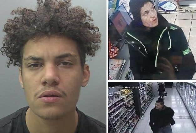 Isaac Barry custody pic and being caught on CCTV. Photos: Cambridgeshire police
