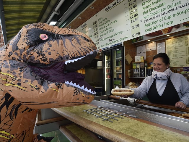 Deena Dyer meets one of the dinosaurs