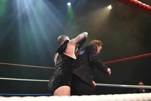 MP for Peterborough Paul Bristow at LDN Wrestling at the New Theatre. The MP was knocked to the canvas by  Joey Scott EMN-200222-083300009