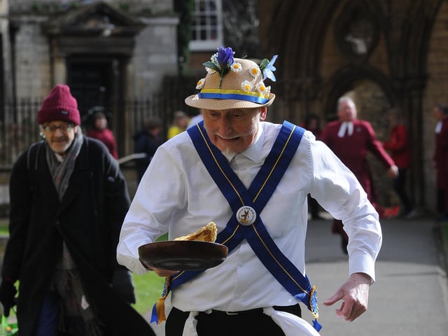 The pancake race at Peterborough Cathedral