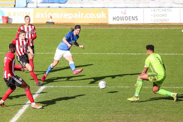 George Boyd fires across goal for Posh against Sheffield United. Photo: Joe Dent/theposh.com.